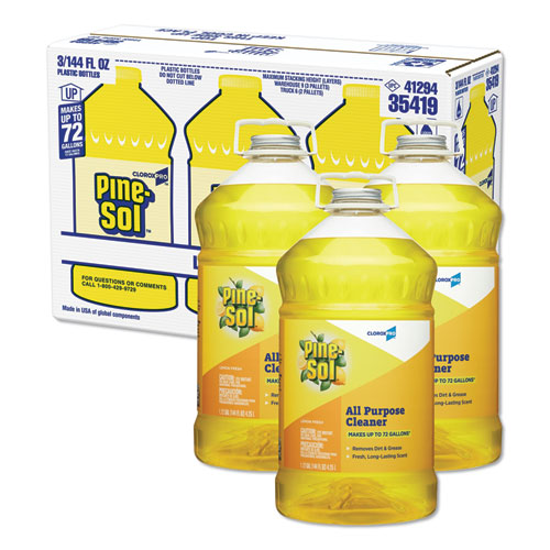 Box of Pine Sol cleaning solution behind three bottles of Pine Sol