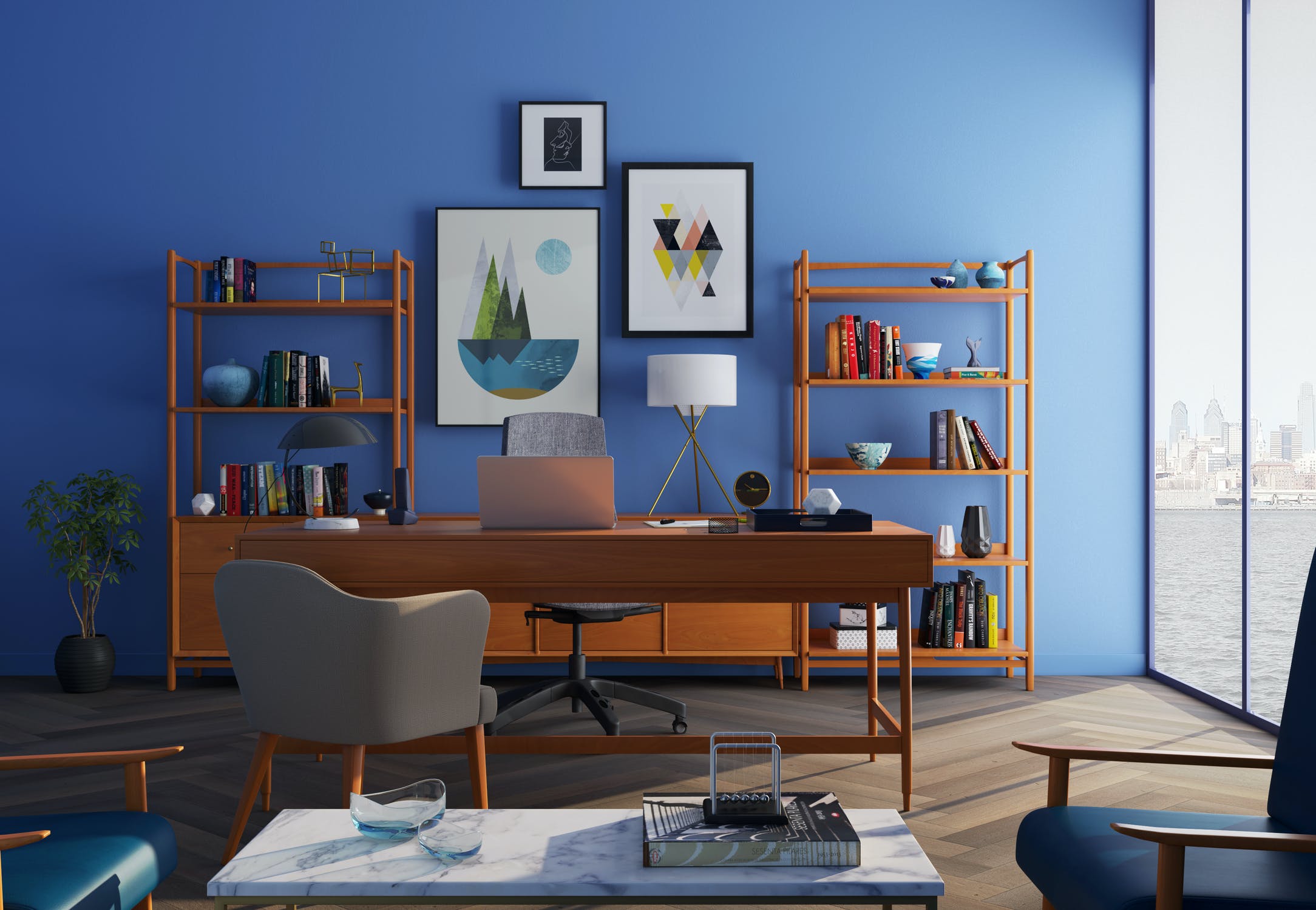 Brown Home Office Furniture With Blue Walls & Window