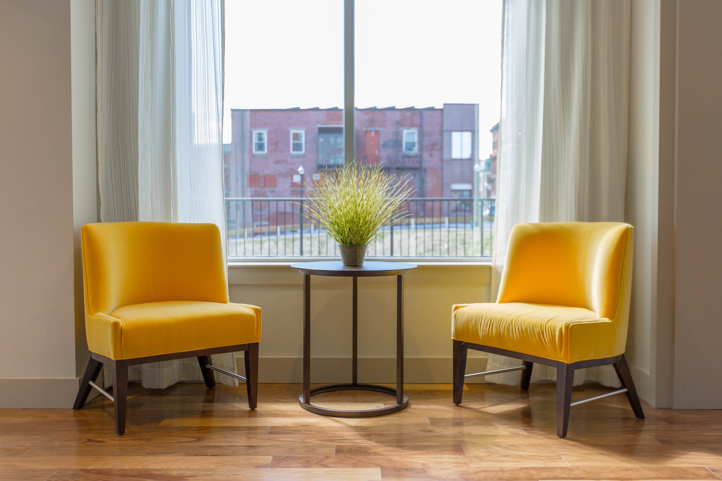 Yellow chairs in a common room of an office